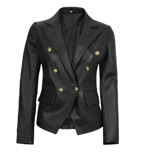 Women’s premium double-breasted black leather blazer with a sleek, sophisticated design.