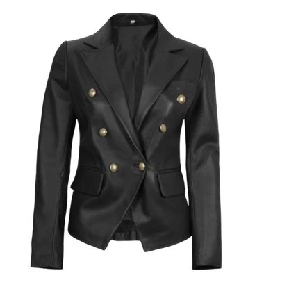 Women’s premium double-breasted black leather blazer with a sleek, sophisticated design.