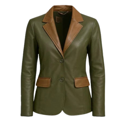 Women’s premium olive green lambskin leather blazer with a luxurious finish and elegant tailored design.