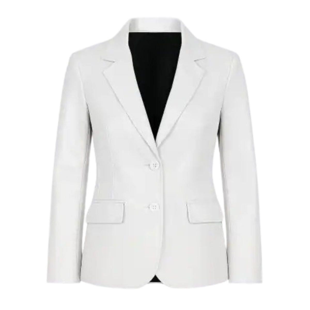 Women’s premium white lambskin leather two-button blazer with a sleek, elegant design.