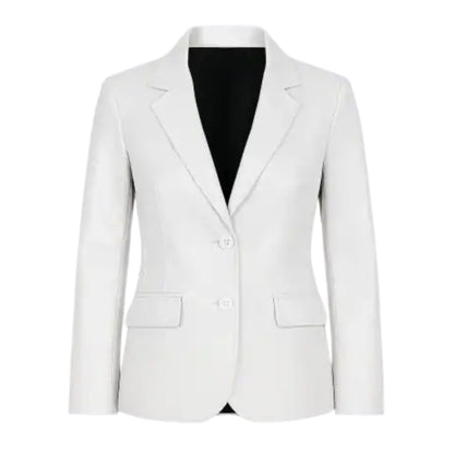 Women’s premium white lambskin leather two-button blazer with a sleek, elegant design.
