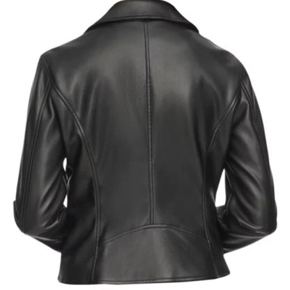 Women’s real leather biker jacket with classic moto style and sleek premium fit