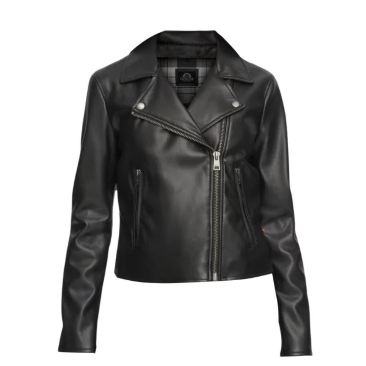 Women’s real leather biker jacket with classic moto style and sleek premium fit