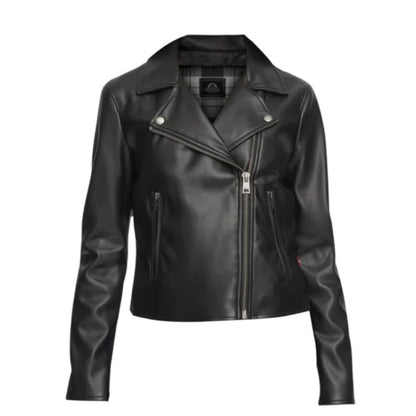 Women’s real leather biker jacket with classic moto style and sleek premium fit