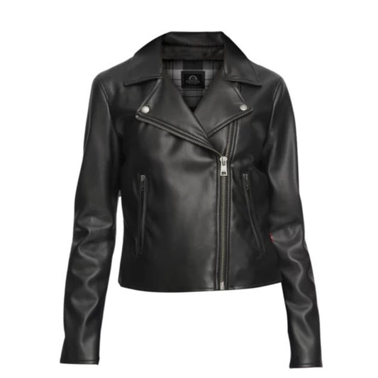 Women’s real leather biker jacket with classic moto style and sleek premium fit