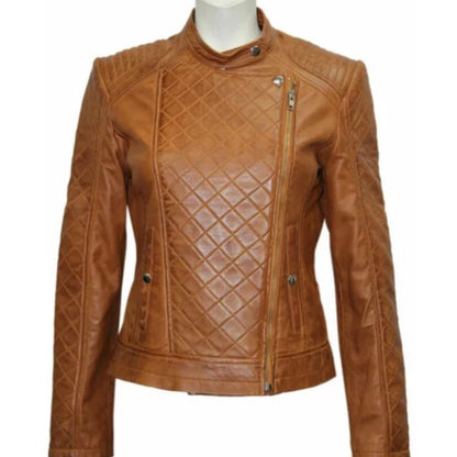 Women’s slim fit brown quilted leather jacket with sleek tailored design and modern style