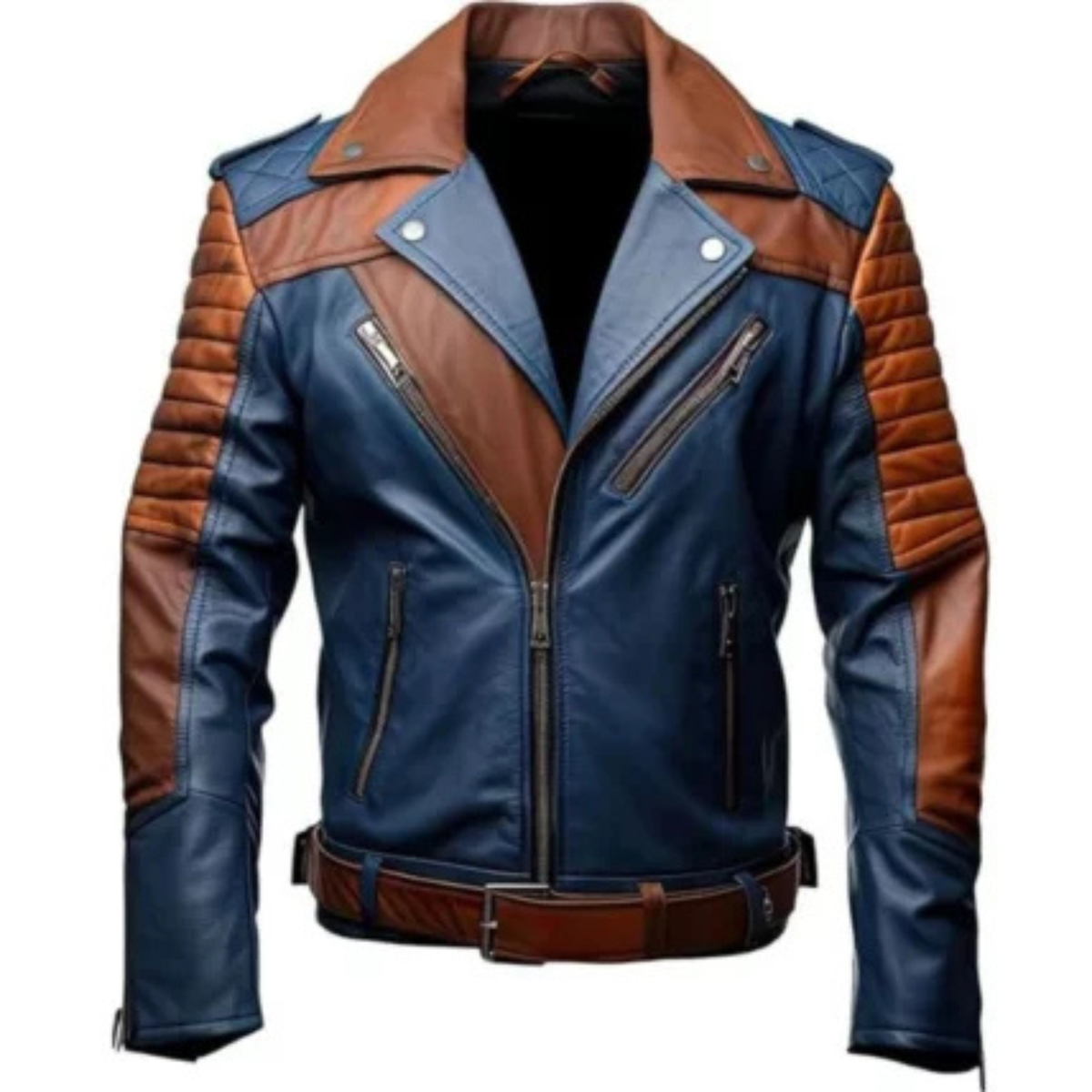Men’s blue and brown two-tone leather biker jacket featuring a fitted design, durable construction, zip closure, and stylish casual and riding wear.