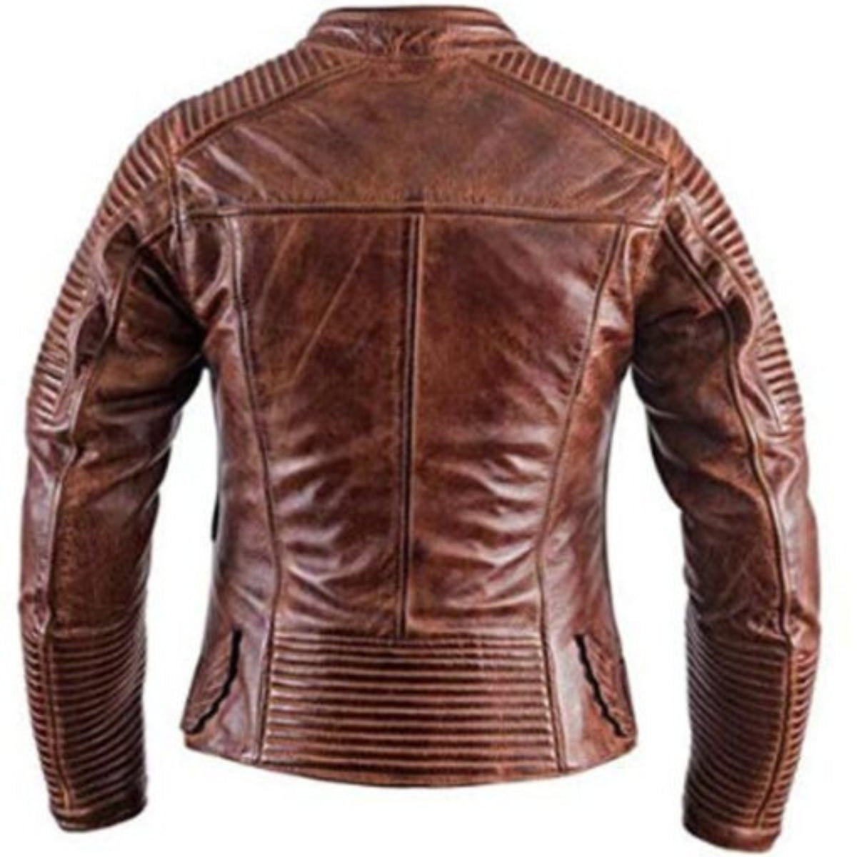 Man wearing classic biker style vintage distressed brown leather jacket