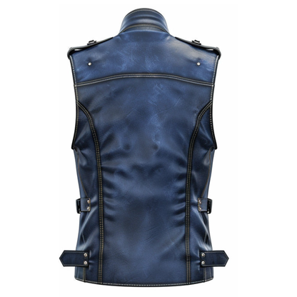 Men’s blue distressed leather vest in rugged vintage style with classic fit design.
