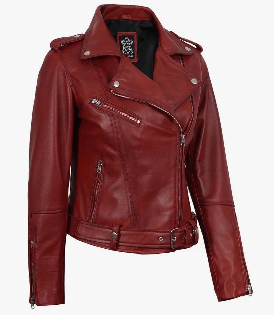 Margaret Women's Red Asymmetrical Biker Style Leather Jacket