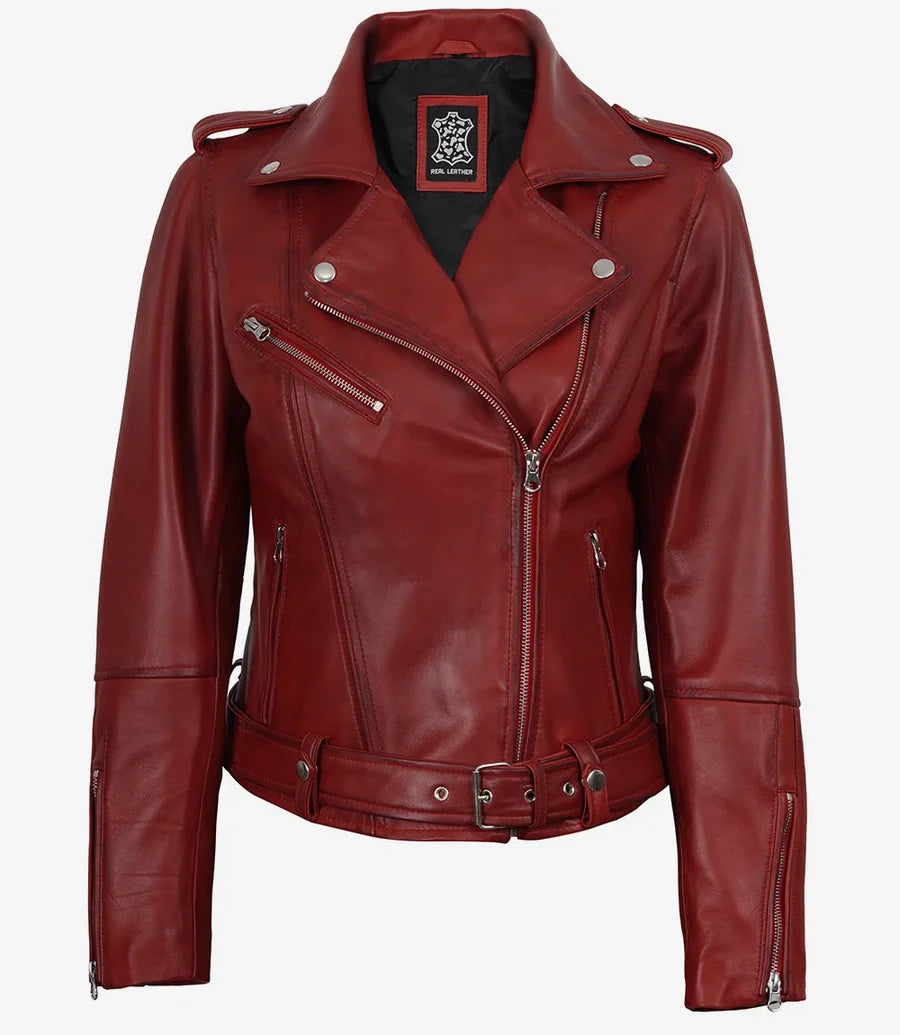 Margaret Women's Red Asymmetrical Biker Style Leather Jacket