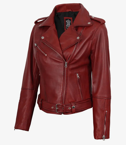 Margaret Women's Red Asymmetrical Biker Style Leather Jacket